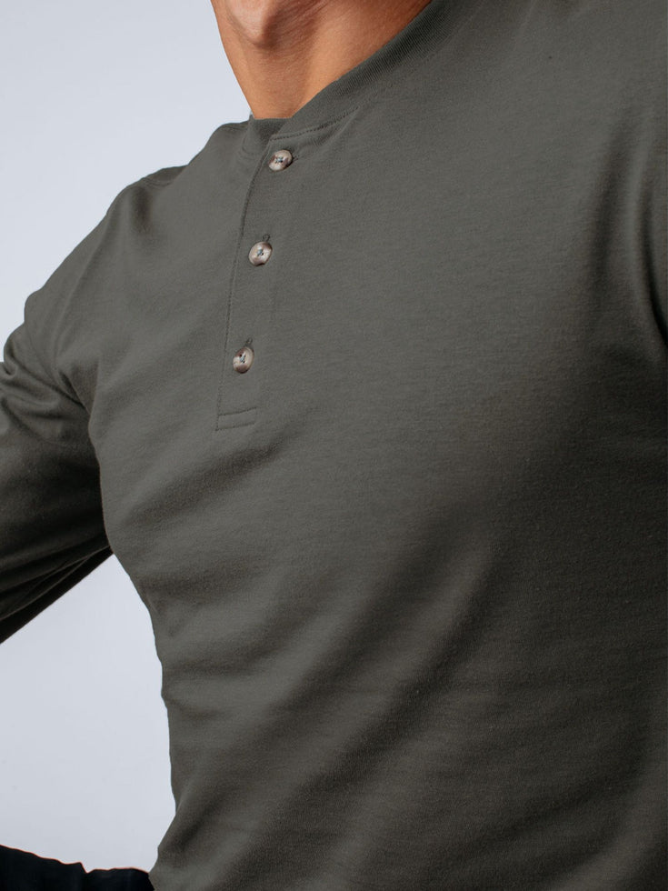 Stone Green Long Sleeve Henley Details | Fresh Clean Threads