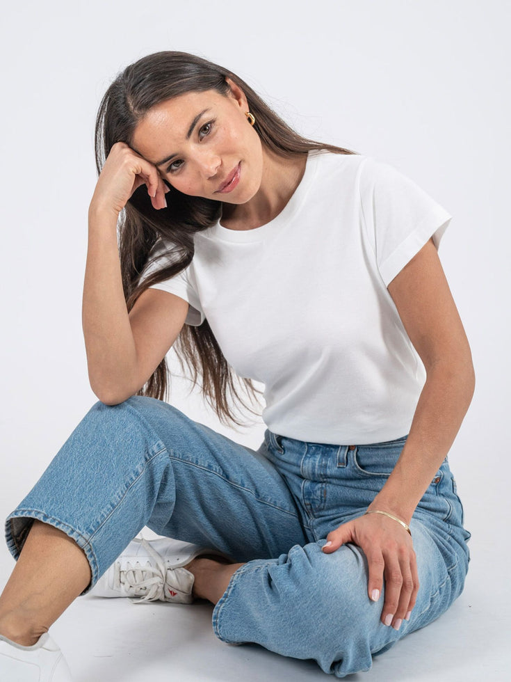 Women's Basic 3-Pack Crew Neck Tees | Sarah Studio Size X-Small Tucked White Tee | Fresh Clean Threads