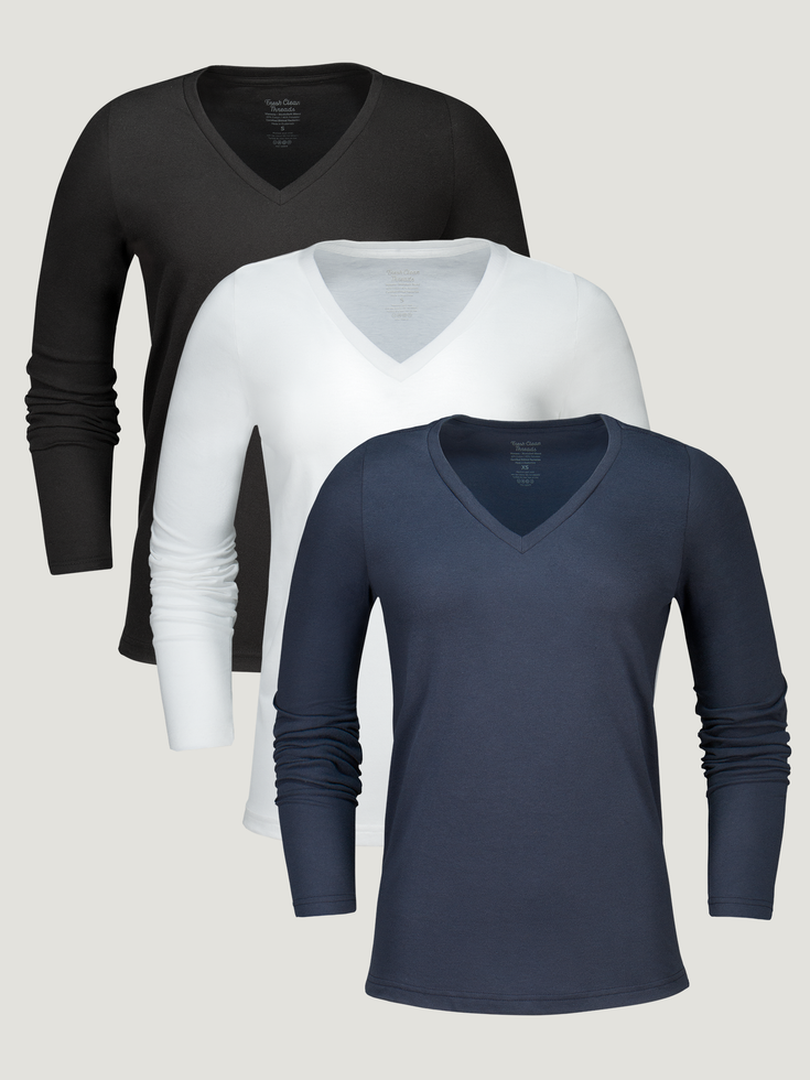 Women's Long Sleeve V-Necks Basic 3-Pack | Fresh Clean Threads