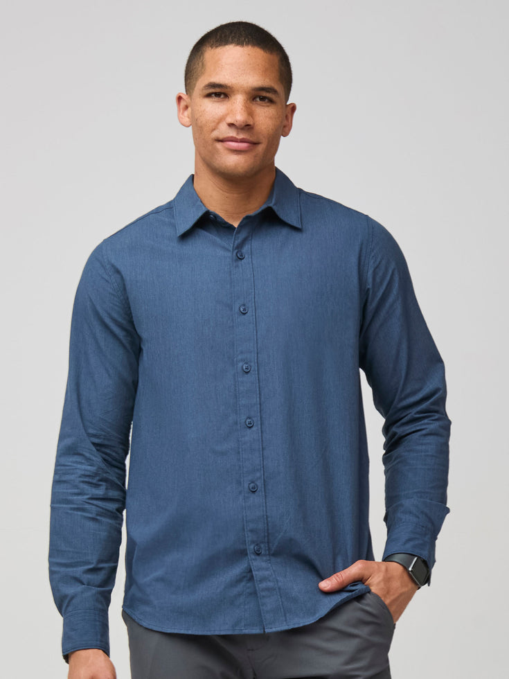 Navy Long Sleeve Button Up Shirt | 4-Way Stretch Fabric