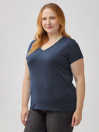 Ryn is 5'9" (size 14-16) and wears size XL # Women's V-Neck Tees at FCT | Odyssey Blue