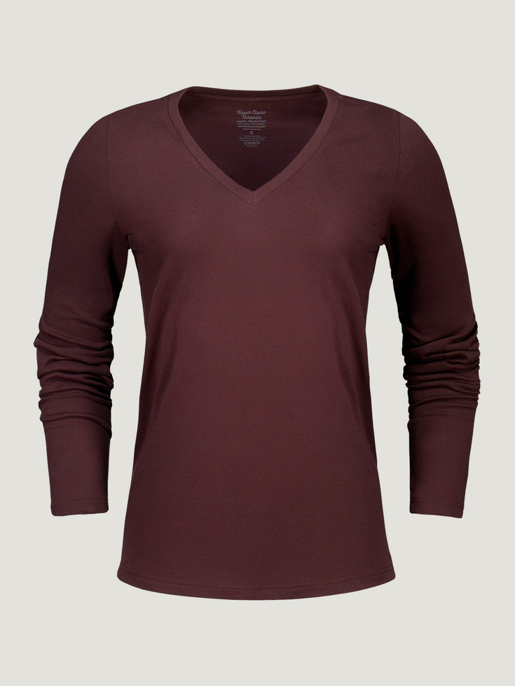 Women's Long Sleeve Tees | Port Red Long Sleeve V-Neck | Fresh Clean Threads