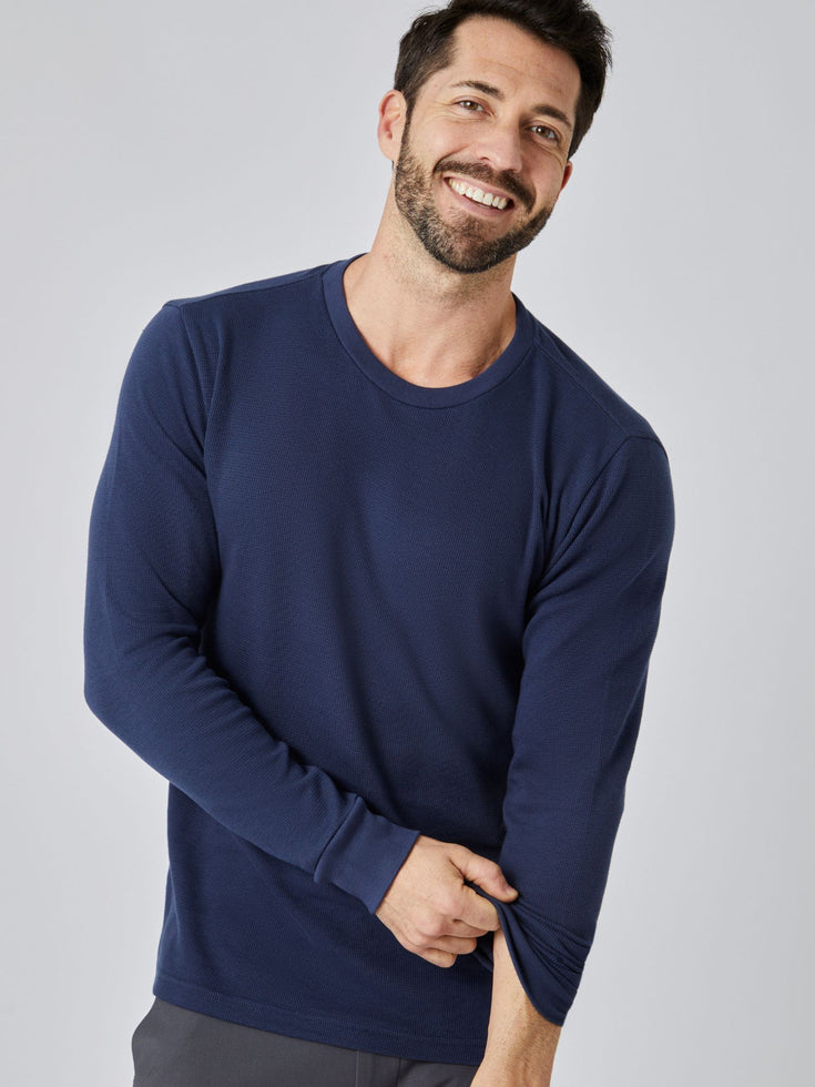 Thermal Long Sleeve Crew - Model in Navy Thermal Size Medium | Fresh Clean Threads