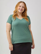Ryn is 5'9" (size 14-16) and wears size XL # Women's V-Neck in Sagebrush | Premium Softness + Design